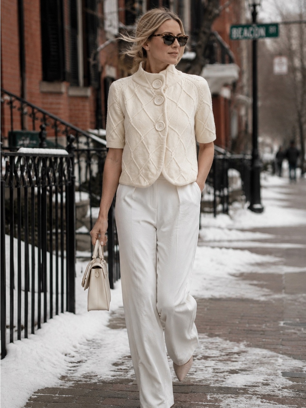 Cream Short Sleeve Diamond Pattern Jacket